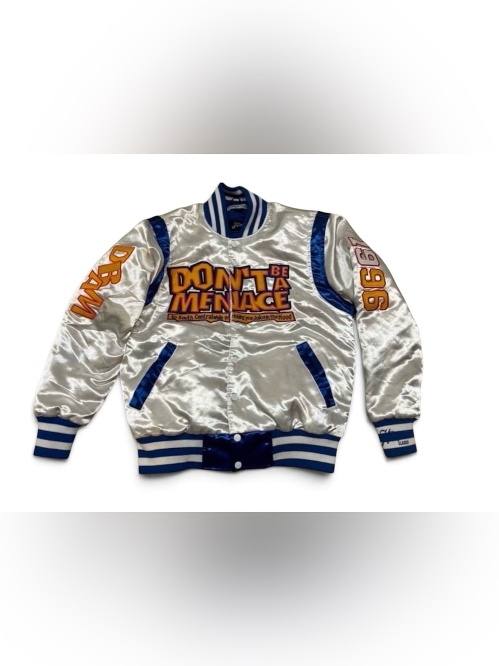 Don’t Be a Menace Satin Bomber Jacket - White with Blue Trim
